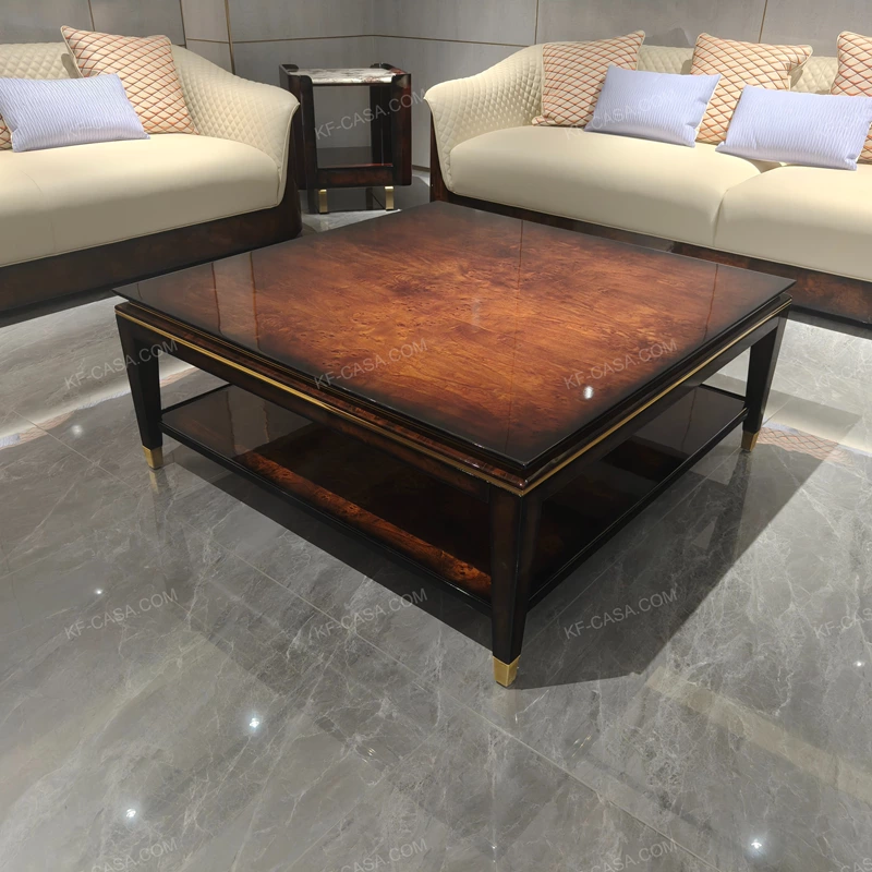 Classic Square Coffee Table with Burl Wood Veneer and Open Shelf Design